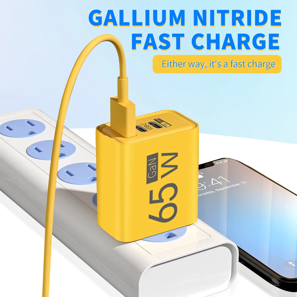 65W GaN USB Charger Type C PD 3 Ports Fast Charging Cellphone Adapter Quick Charge 3.0 For iPhone 16 15 Xiaomi 15 Samsung Huawei