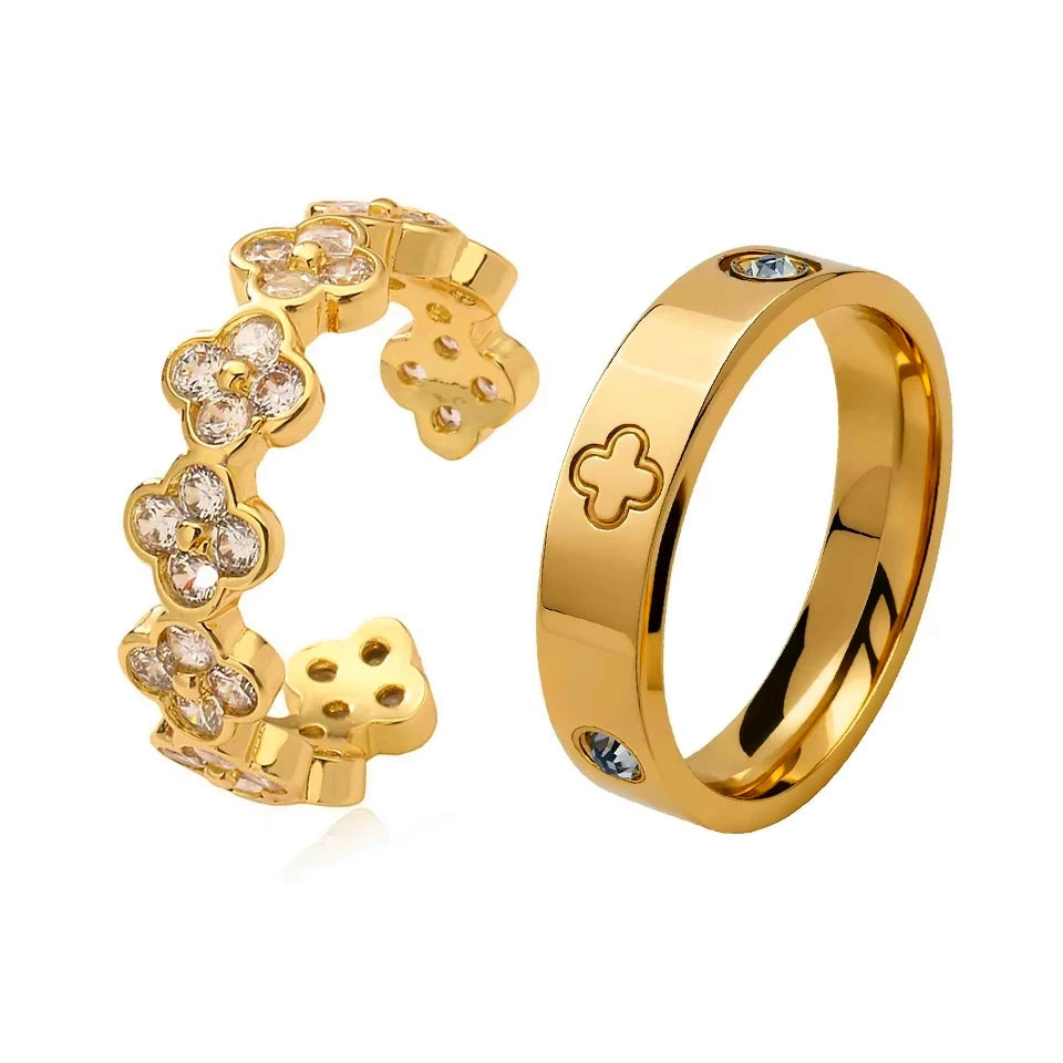 French 2pcs Niche Design Four-leaf Flower Zircon Rings Set For Women High Quality 18K Gold-plated Stainless Steel Finger Ring