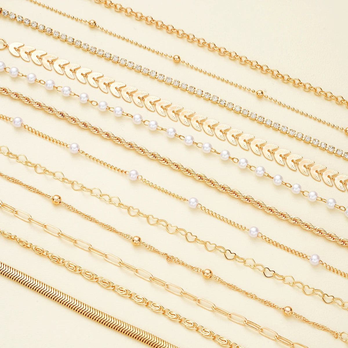 12Pcs Vintage Elegant Gold Color Bracelet Sets Simple Copper Metal Zircon Pearl Chain Bracelet Everyday Party Jewelry Gifts 2024