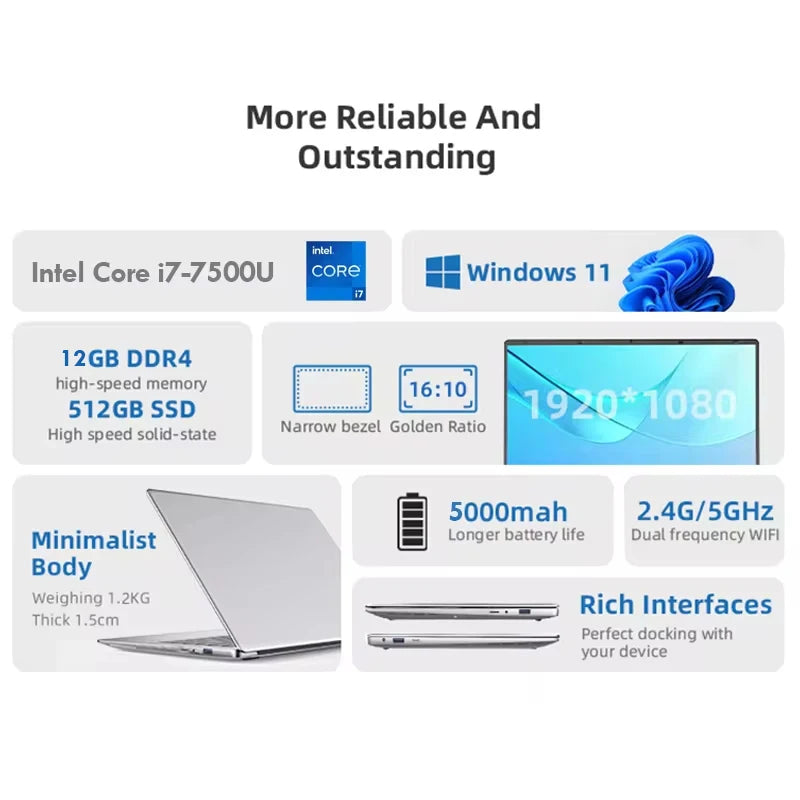 14.1" i7 Laptop Computer Windows 11 12GB DDR4 1TB 2TB SSD Intel Core i7 7500U 1920*1080 Office Study Notebook PC Laptop Computer