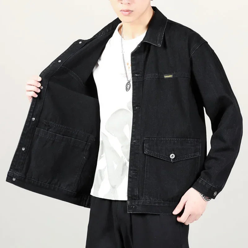 Spring Autumn New Fashion Men's Casual Trendy Multi Pocket Solid Color Denim Jacket Coat Loose Amaerican Jean Jacket  Male Tops