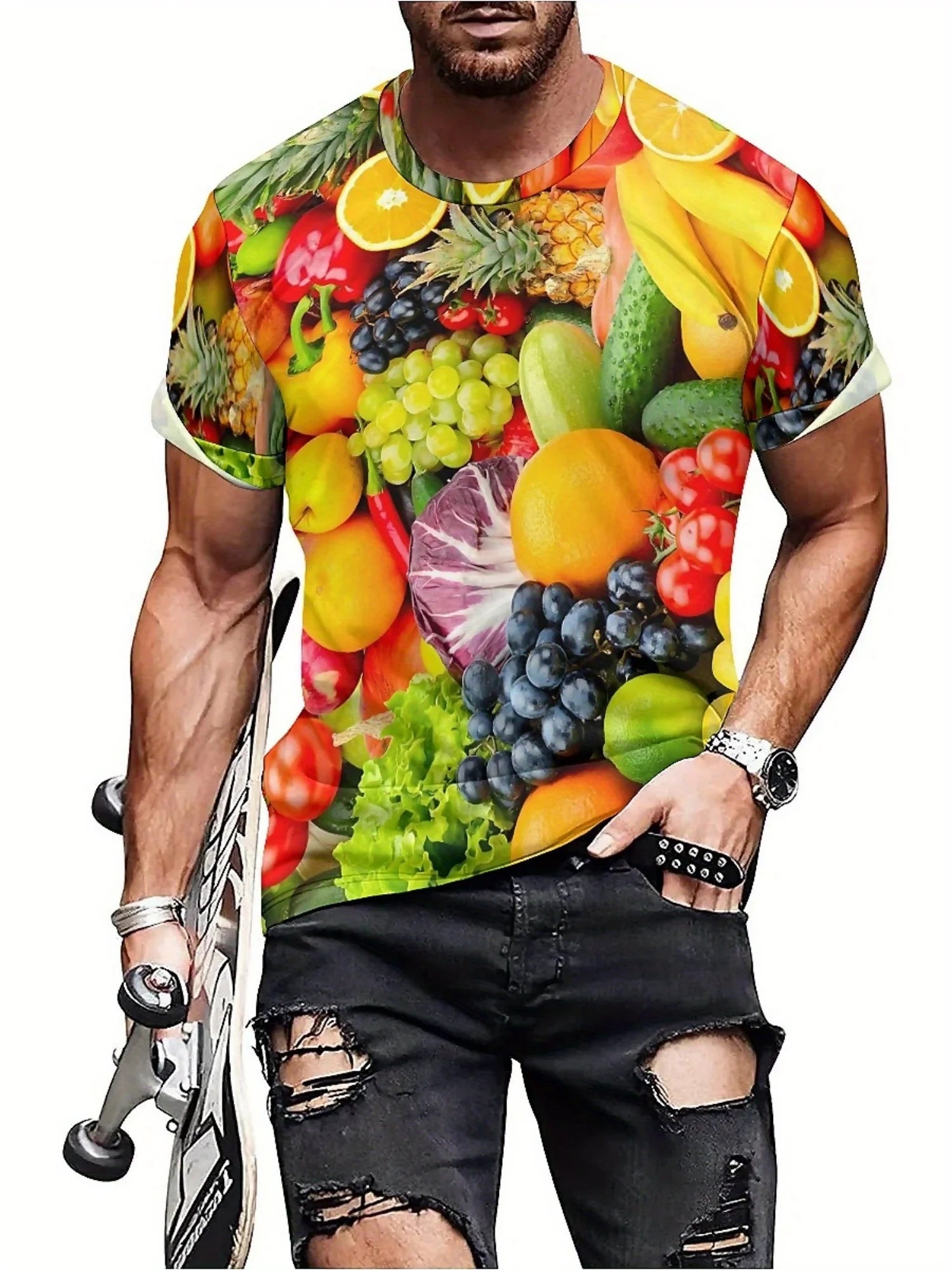 Spring Summer Casual T-shirt for Men, Fruit 3D Print Short Sleeve T-shirt, Soft and Comfortable Polyester Fiber tee