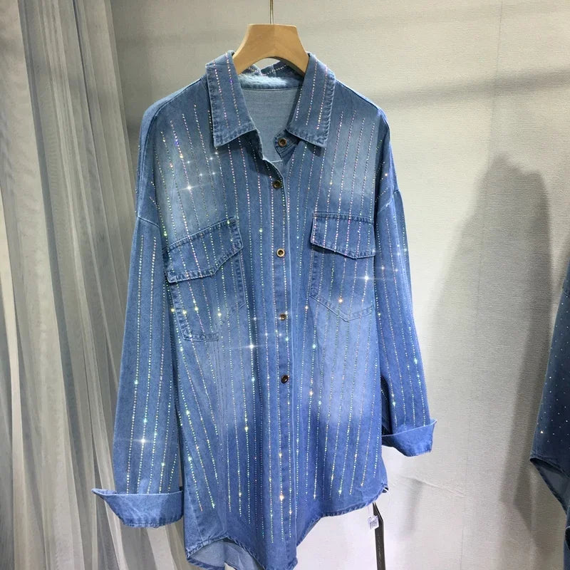 Women Hot Drilling Diamonds Shirts Coat Classic Denim Blue Loose Mid Length Rhinestones Jeans Blouses Autumn Cardigan Blusas
