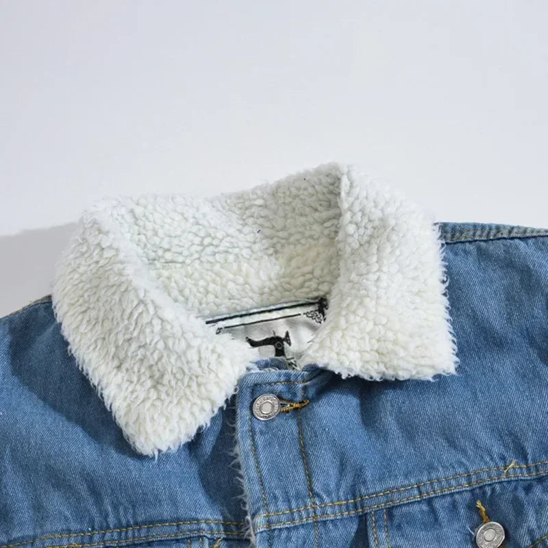 Winter New Fashion Men's Thicken Warm Lamb Wool Jean Jacket Causal Trendy American Multi Pocket Denim Jacket  Male Streetwear