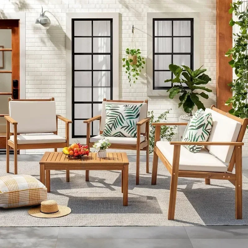 HOME Patio Furniture 4 Piece Outdoor Acacia Wood Patio Conversation Sofa Set with Table & Cushions Porch Furniture