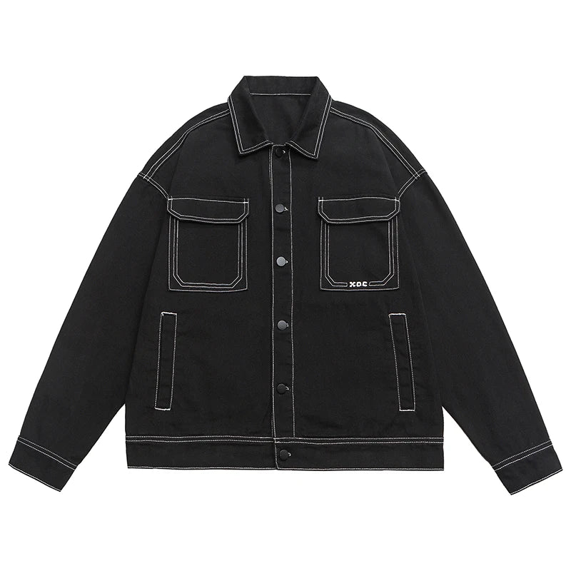 New Contrast Color Drop Shoulder Denim Jacket Men's Black White Fashion Big Pocket Couple Harajuku Jean Jackets Plus Size M-5XL