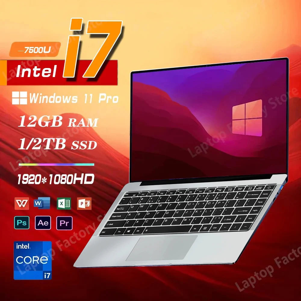 14.1" i7 Laptop Computer Windows 11 12GB DDR4 1TB 2TB SSD Intel Core i7 7500U 1920*1080 Office Study Notebook PC Laptop Computer