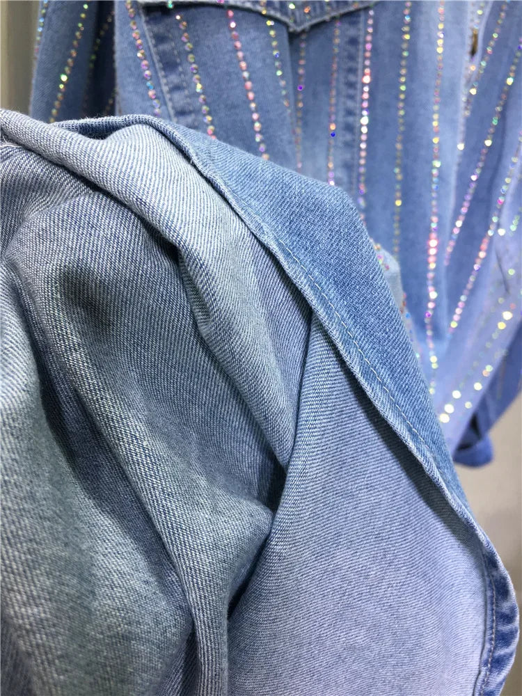 Women Hot Drilling Diamonds Shirts Coat Classic Denim Blue Loose Mid Length Rhinestones Jeans Blouses Autumn Cardigan Blusas