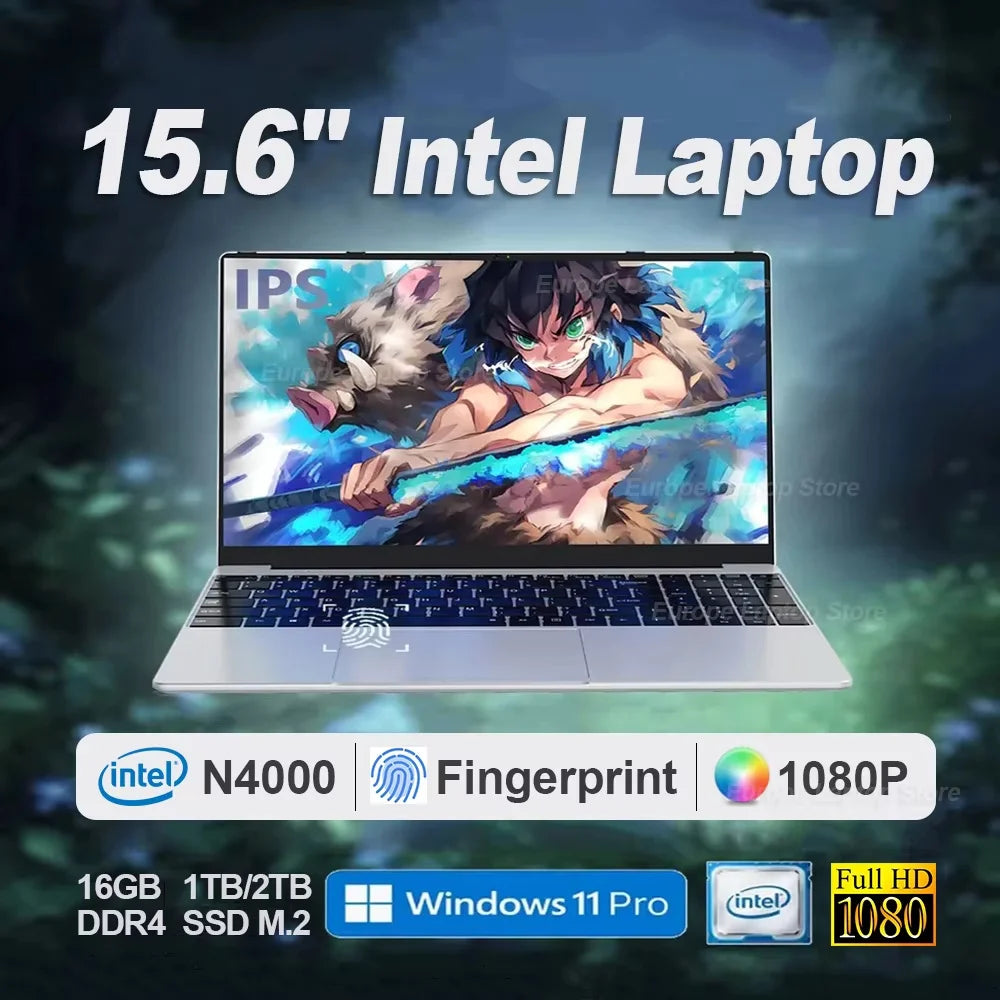 15.6" Intel Notebook PC Gamer Ultra Slim Laptop Intel Celeron N4000 16GB RAM 1TB 2TB SSD Office Study Computer PC Windows 11 Pro
