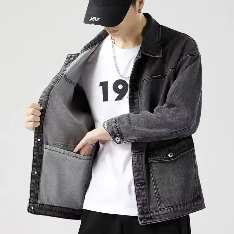 Spring Autumn New Fashion Men's Casual Trendy Multi Pocket Solid Color Denim Jacket Coat Loose Amaerican Jean Jacket  Male Tops