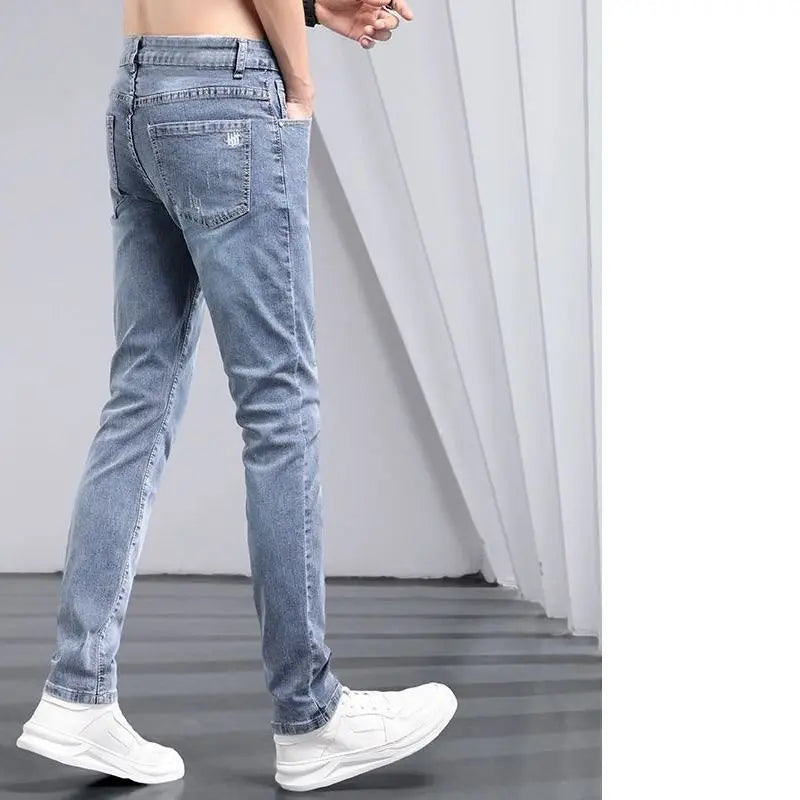 2025 Summer Light-colored Jeans Men's Trendy Brand Youth Slim-fit Elastic Pants Korean Long Pants Streetwear Men Pantalon Homme