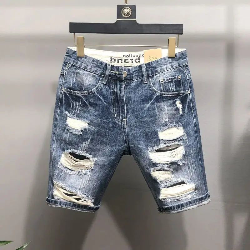 2025 New Denim Men's Slim-fitting Fashion Scratched Pants Trendy Brand Heavy Washed Five-point Pants Jeans Shorts for Man