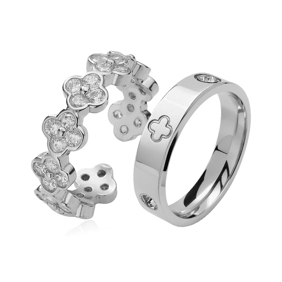 French 2pcs Niche Design Four-leaf Flower Zircon Rings Set For Women High Quality 18K Gold-plated Stainless Steel Finger Ring