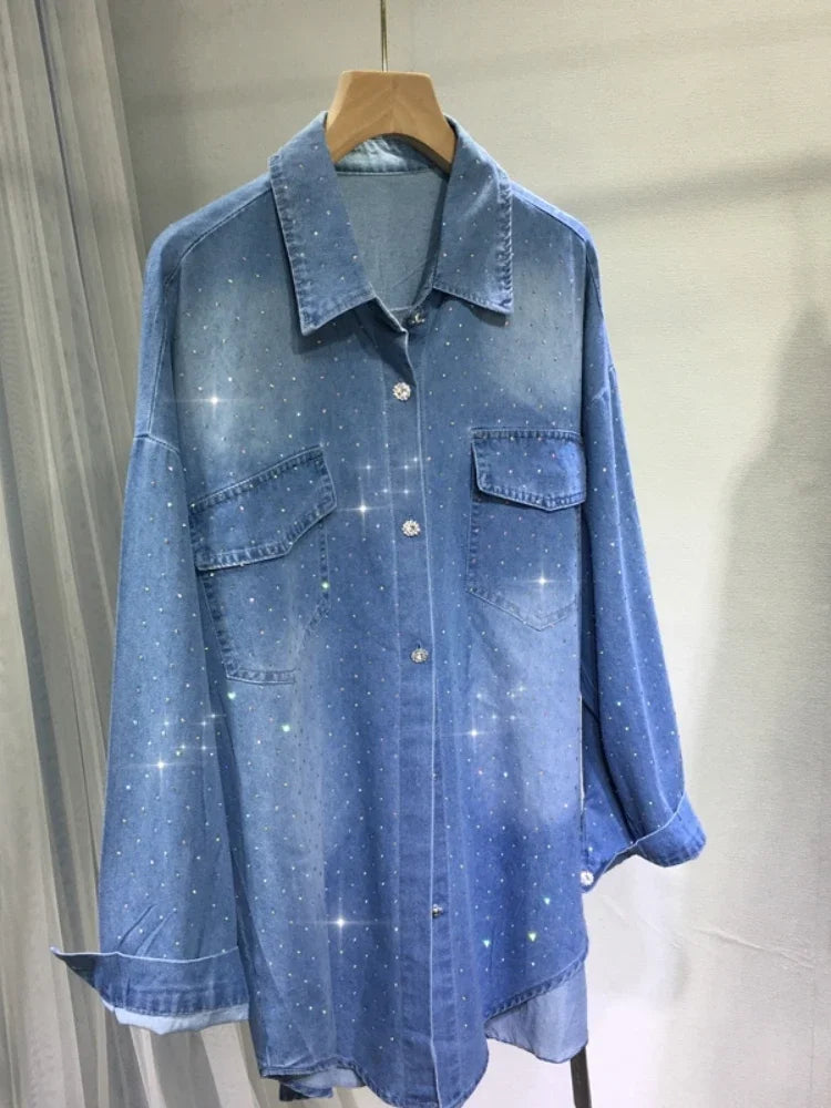 Women Hot Drilling Diamonds Shirts Coat Classic Denim Blue Loose Mid Length Rhinestones Jeans Blouses Autumn Cardigan Blusas